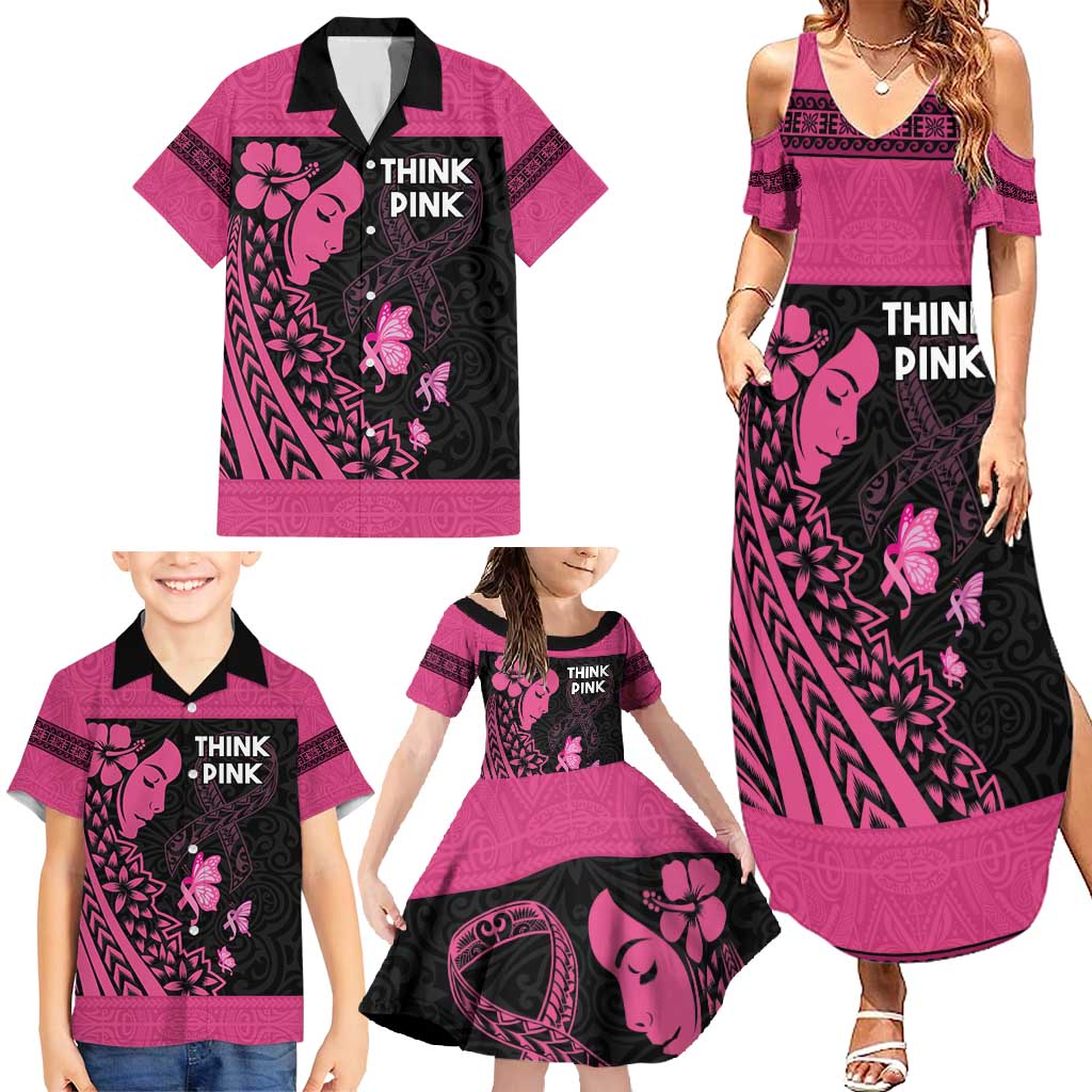 Breast Cancer Awareness Family Matching Summer Maxi Dress and Hawaiian Shirt Think Pink Polynesian Ribbon and Butterfly