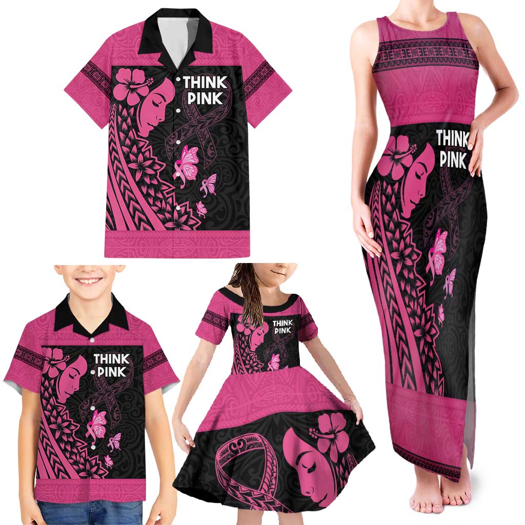 Breast Cancer Awareness Family Matching Tank Maxi Dress and Hawaiian Shirt Think Pink Polynesian Ribbon and Butterfly