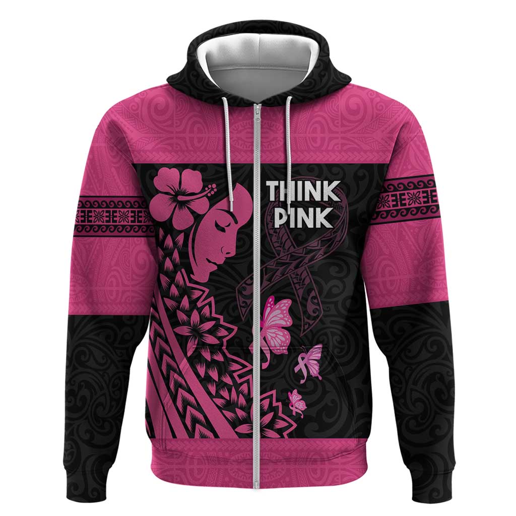 Breast Cancer Awareness Hoodie Think Pink Polynesian Ribbon and Butterfly