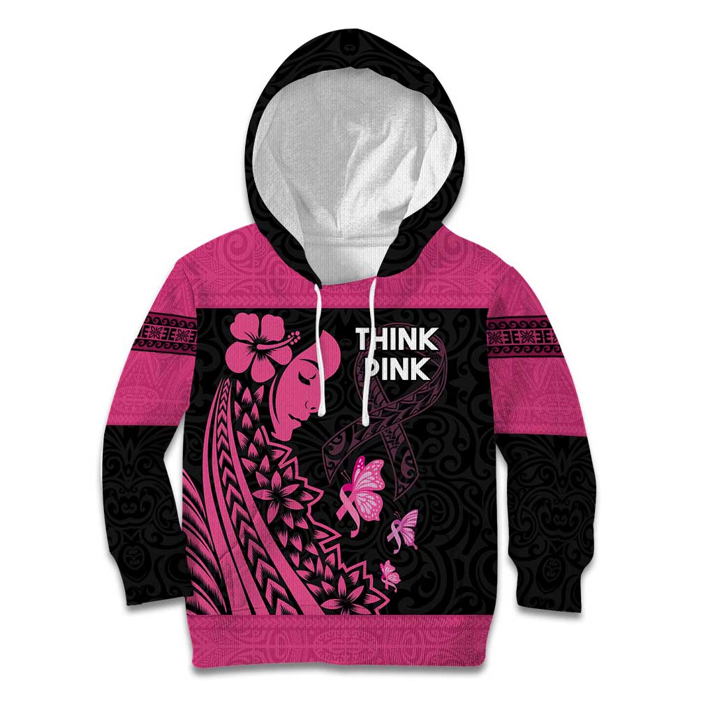 Breast Cancer Awareness Kid Hoodie Think Pink Polynesian Ribbon and Butterfly