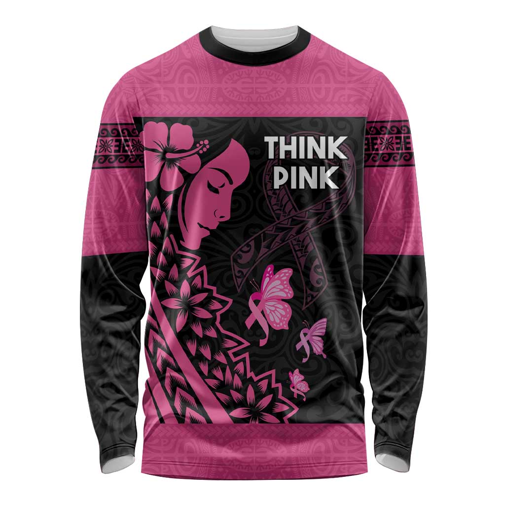 Breast Cancer Awareness Long Sleeve Shirt Think Pink Polynesian Ribbon and Butterfly