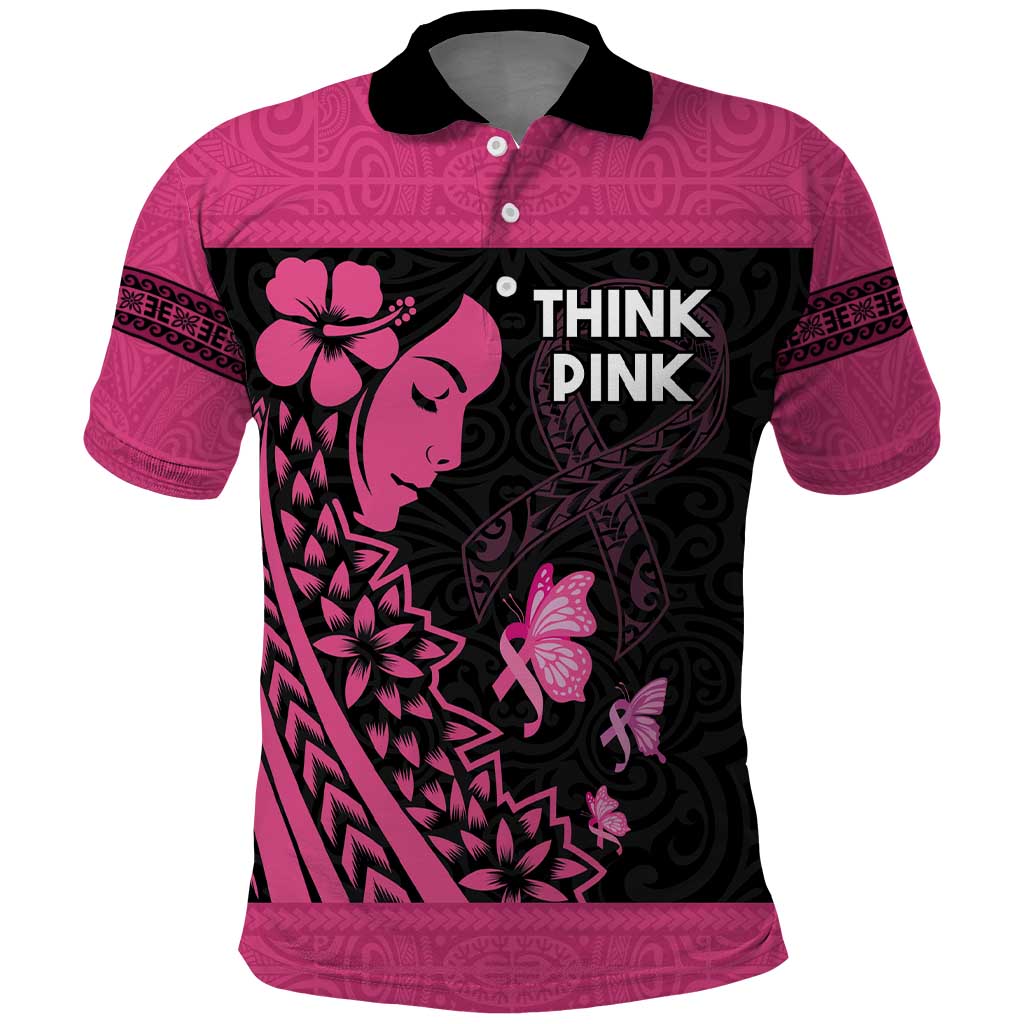 Breast Cancer Awareness Polo Shirt Think Pink Polynesian Ribbon and Butterfly