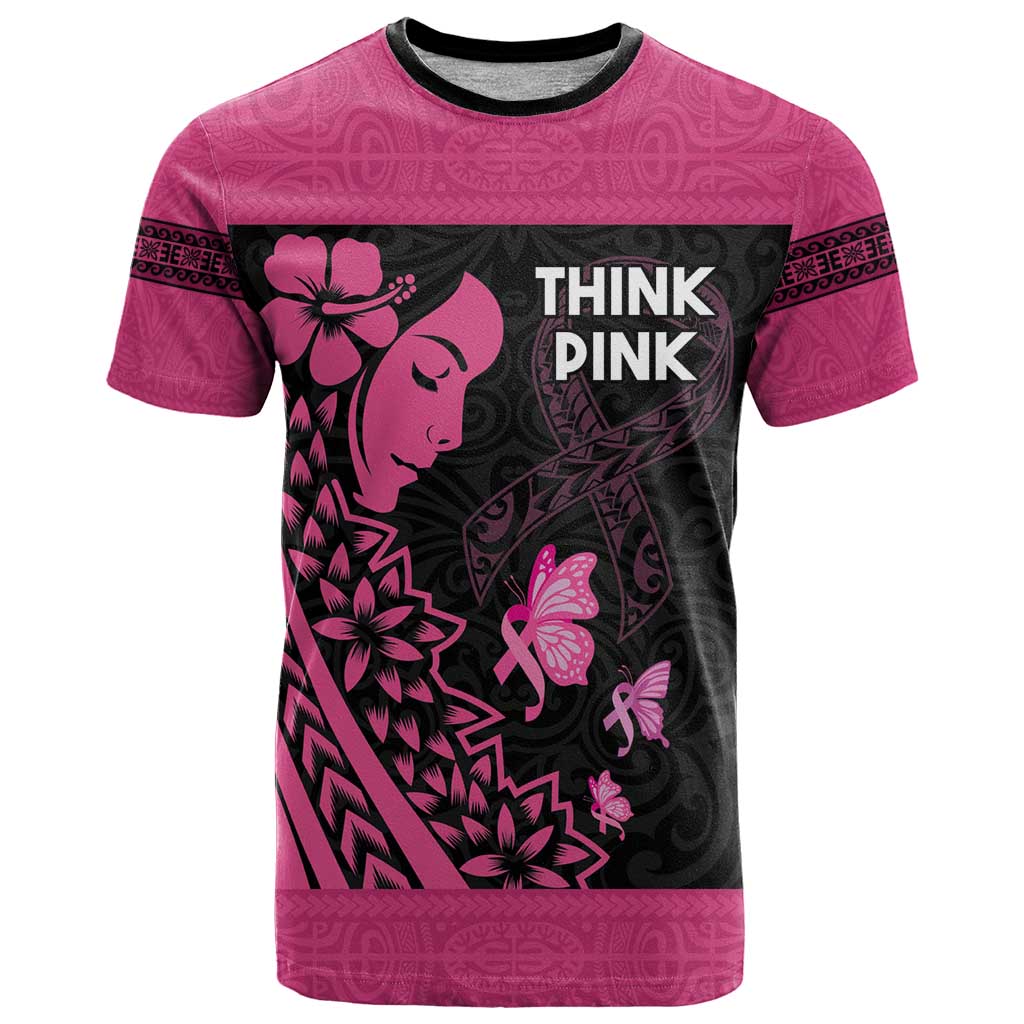 Breast Cancer Awareness T Shirt Think Pink Polynesian Ribbon and Butterfly