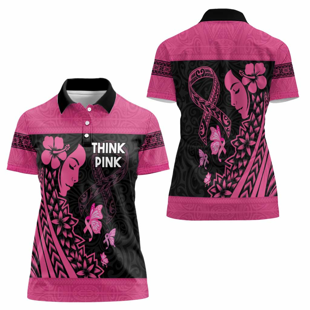 Breast Cancer Awareness Women Polo Shirt Think Pink Polynesian Ribbon and Butterfly