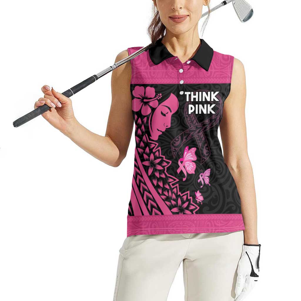 Breast Cancer Awareness Women Sleeveless Polo Shirt Think Pink Polynesian Ribbon and Butterfly