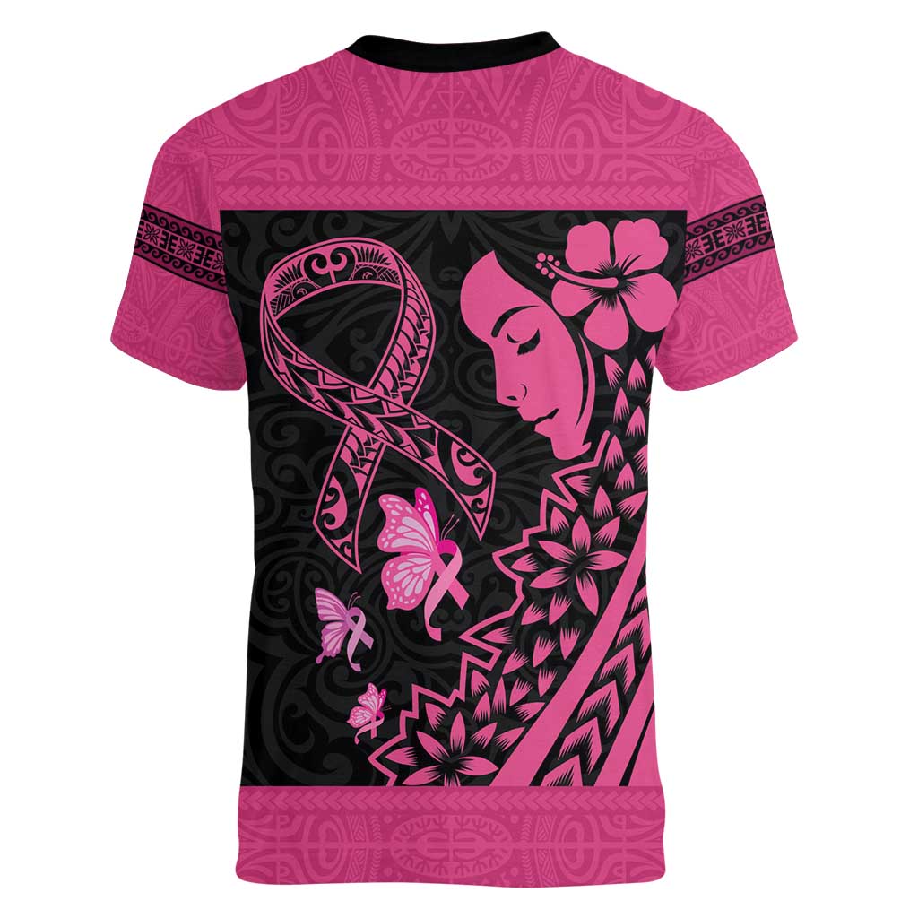 Breast Cancer Awareness Women V-Neck T-Shirt Think Pink Polynesian Ribbon and Butterfly