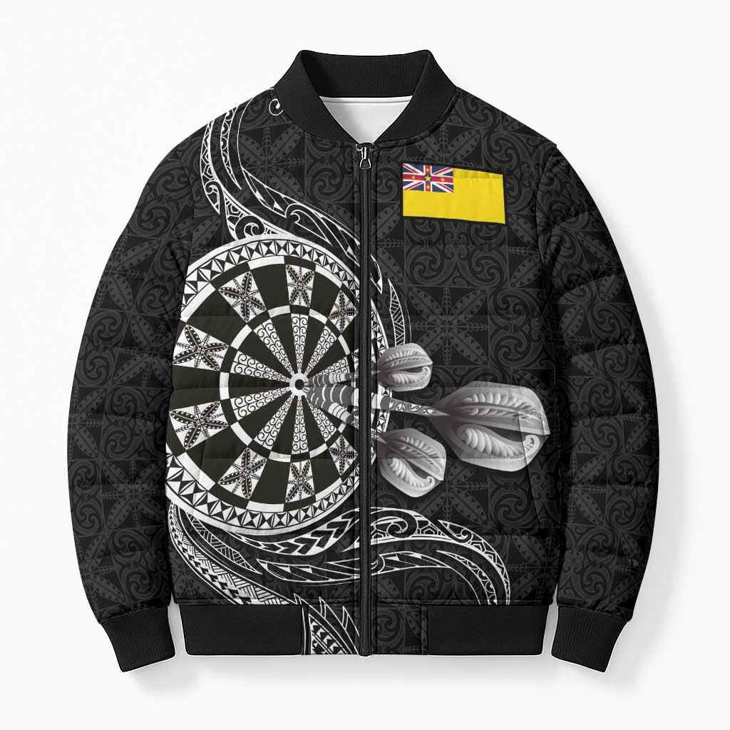 Personalised Niue Darts Masters Bomber Puffer Jacket Tribal Hiapo Dartboard - Polynesian Pride