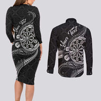 Personalised Niue Darts Masters Couples Matching Long Sleeve Bodycon Dress and Long Sleeve Button Shirt Tribal Hiapo Dartboard - Polynesian Pride