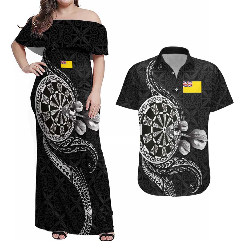 Personalised Niue Darts Masters Couples Matching Off Shoulder Maxi Dress and Hawaiian Shirt Tribal Hiapo Dartboard - Polynesian Pride