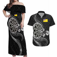 Personalised Niue Darts Masters Couples Matching Off Shoulder Maxi Dress and Hawaiian Shirt Tribal Hiapo Dartboard - Polynesian Pride