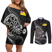 Personalised Niue Darts Masters Couples Matching Off Shoulder Short Dress and Long Sleeve Button Shirt Tribal Hiapo Dartboard - Polynesian Pride