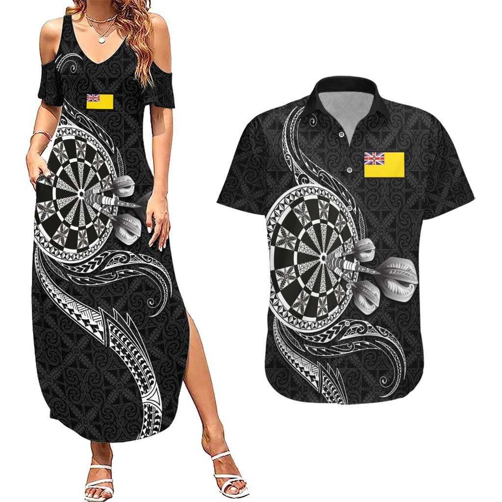 Personalised Niue Darts Masters Couples Matching Summer Maxi Dress and Hawaiian Shirt Tribal Hiapo Dartboard - Polynesian Pride