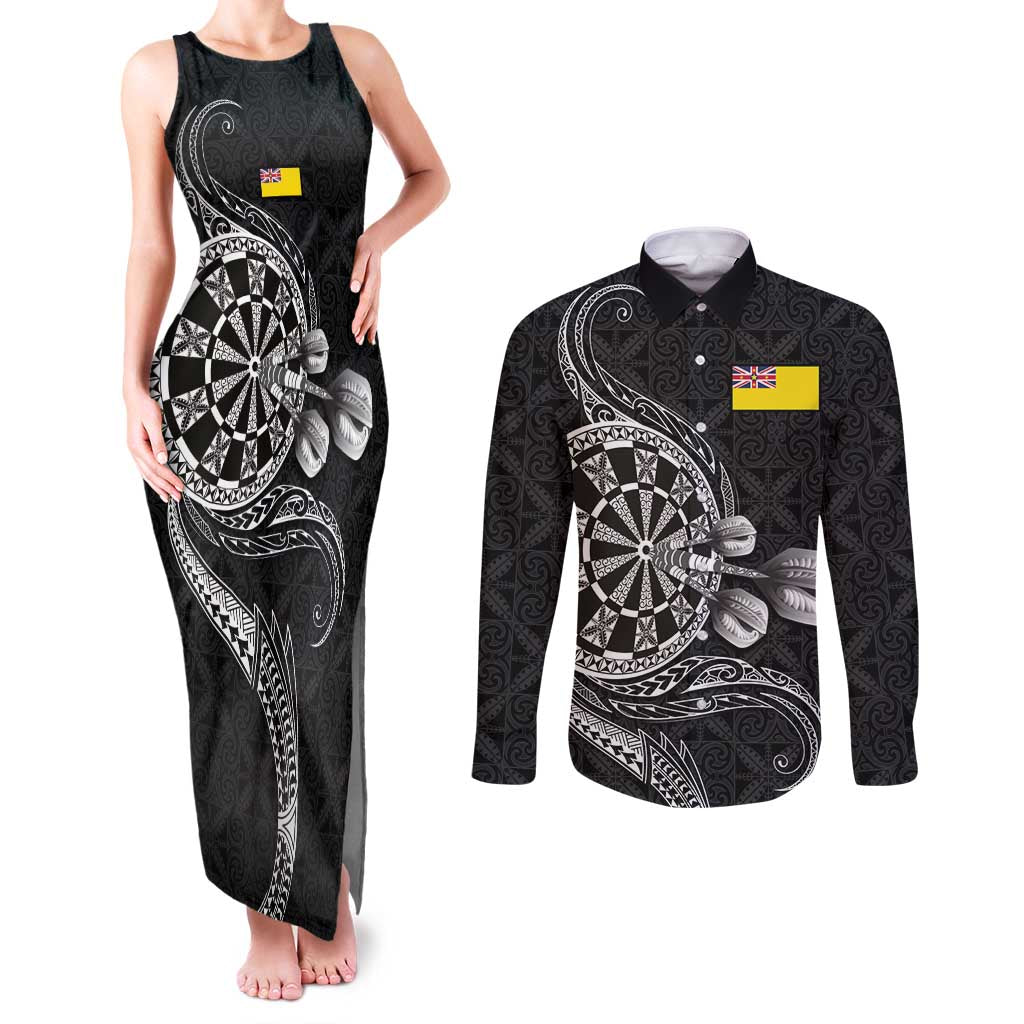 Personalised Niue Darts Masters Couples Matching Tank Maxi Dress and Long Sleeve Button Shirt Tribal Hiapo Dartboard LT03 Black - Polynesian Pride