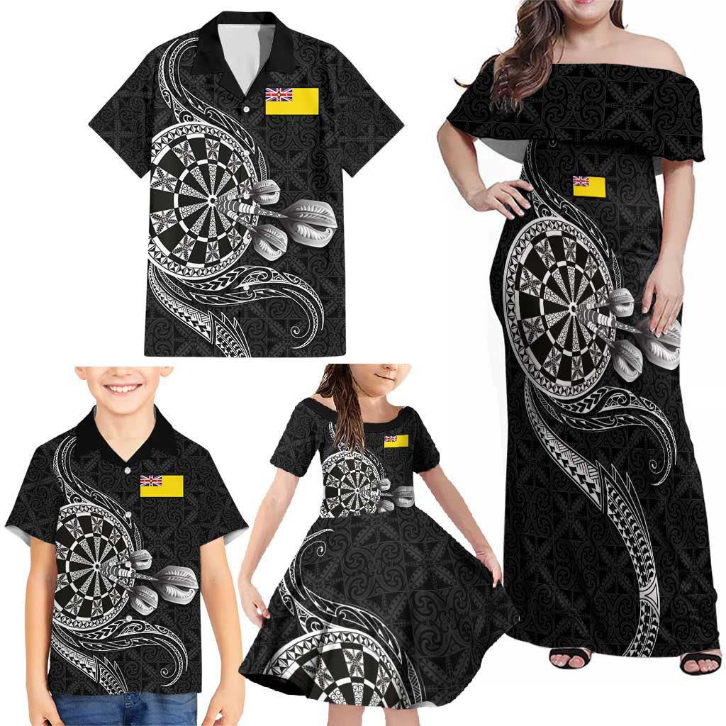 Personalised Niue Darts Masters Family Matching Off Shoulder Maxi Dress and Hawaiian Shirt Tribal Hiapo Dartboard - Polynesian Pride