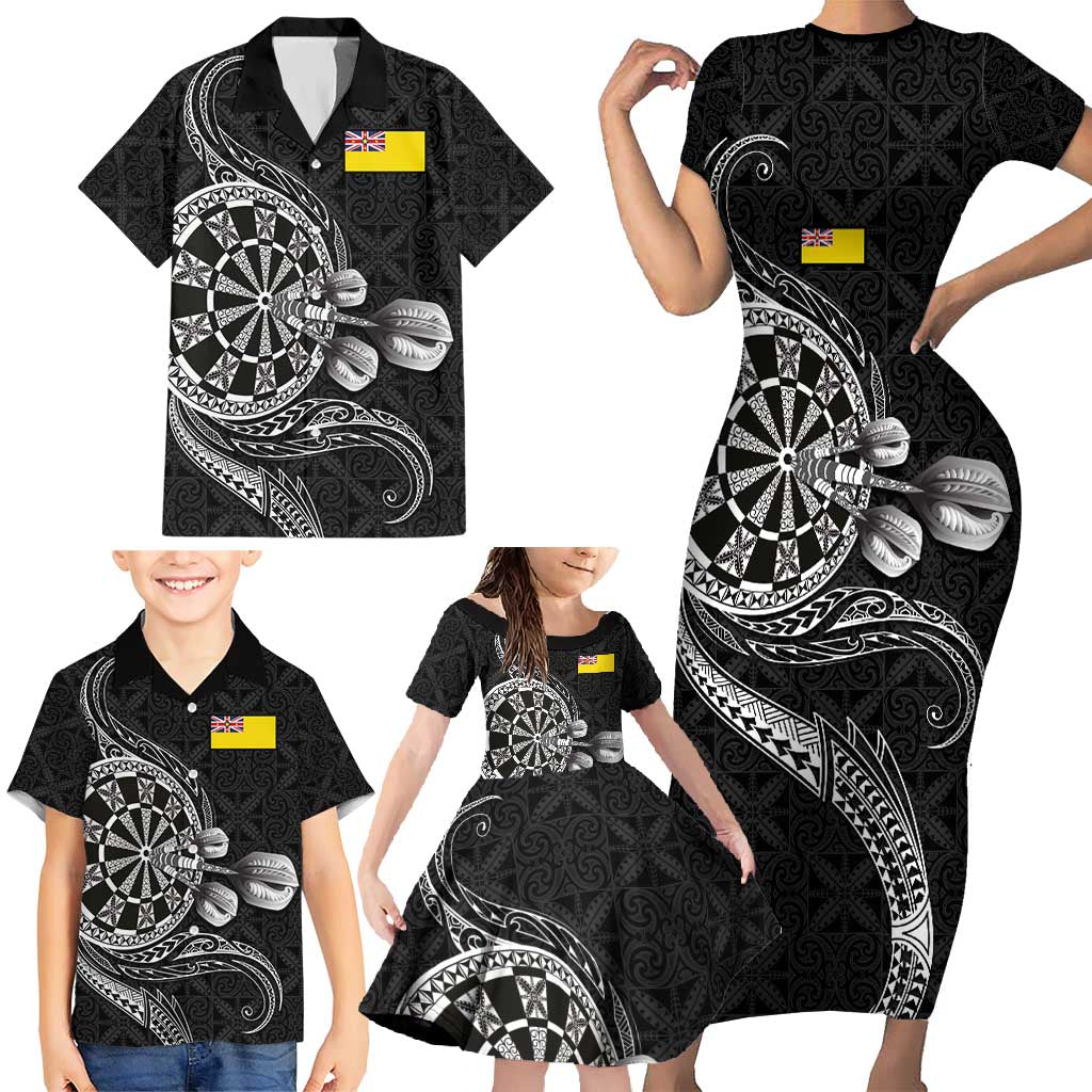Personalised Niue Darts Masters Family Matching Short Sleeve Bodycon Dress and Hawaiian Shirt Tribal Hiapo Dartboard - Polynesian Pride