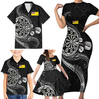 Personalised Niue Darts Masters Family Matching Short Sleeve Bodycon Dress and Hawaiian Shirt Tribal Hiapo Dartboard - Polynesian Pride