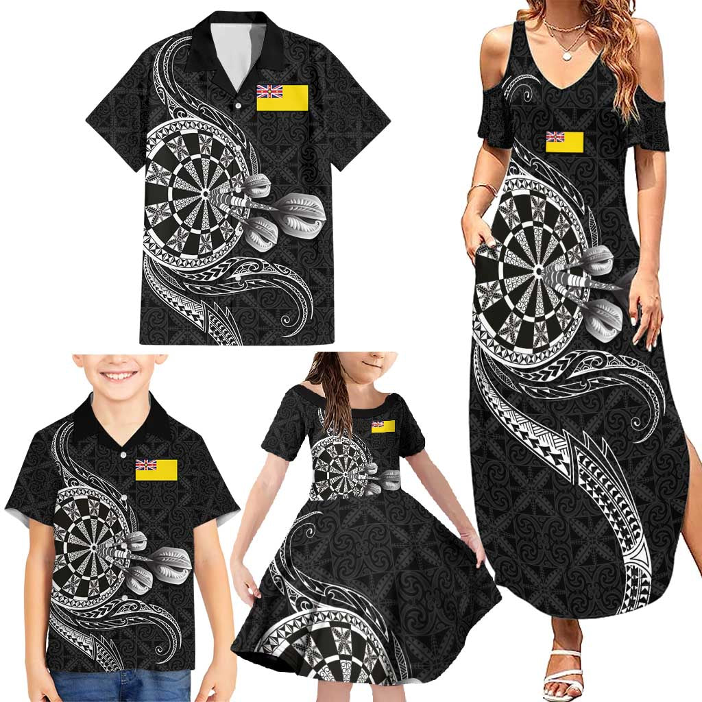 Personalised Niue Darts Masters Family Matching Summer Maxi Dress and Hawaiian Shirt Tribal Hiapo Dartboard - Polynesian Pride