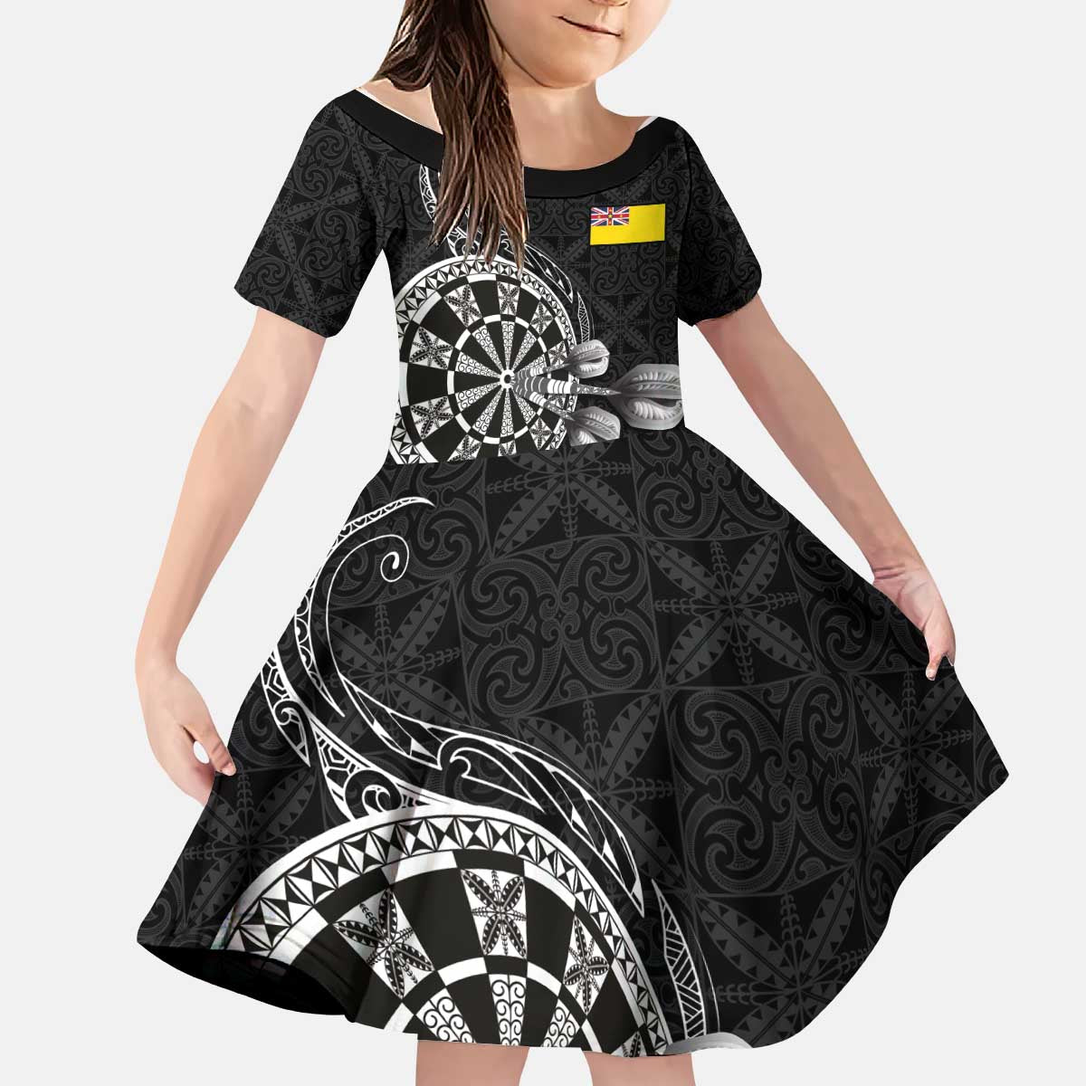 Personalised Niue Darts Masters Kid Short Sleeve Dress Tribal Hiapo Dartboard - Polynesian Pride