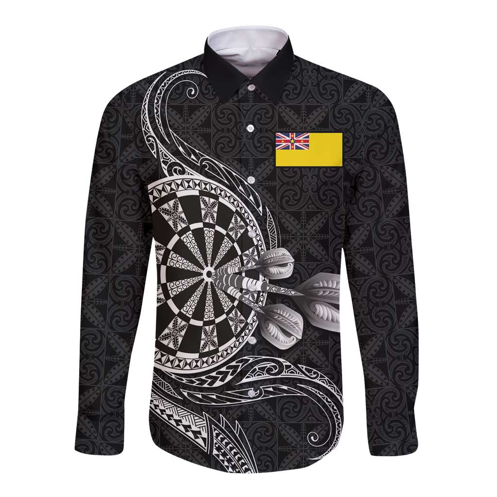 Personalised Niue Darts Masters Long Sleeve Button Shirt Tribal Hiapo Dartboard - Polynesian Pride