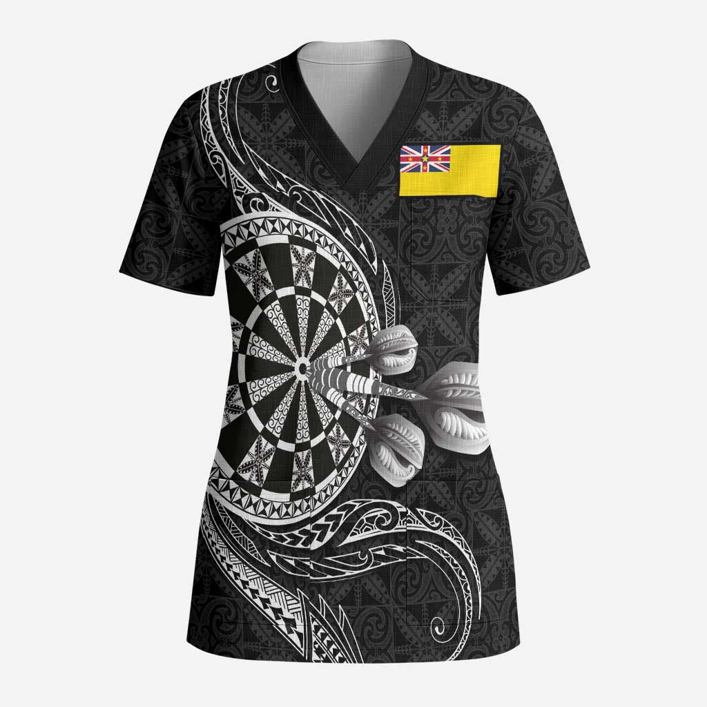 Personalised Niue Darts Masters Scrub Top Tribal Hiapo Dartboard - Polynesian Pride