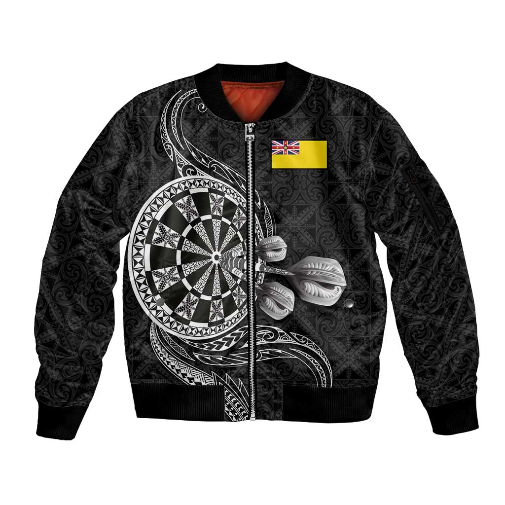 Personalised Niue Darts Masters Sleeve Zip Bomber Jacket Tribal Hiapo Dartboard LT03 Unisex Black - Polynesian Pride