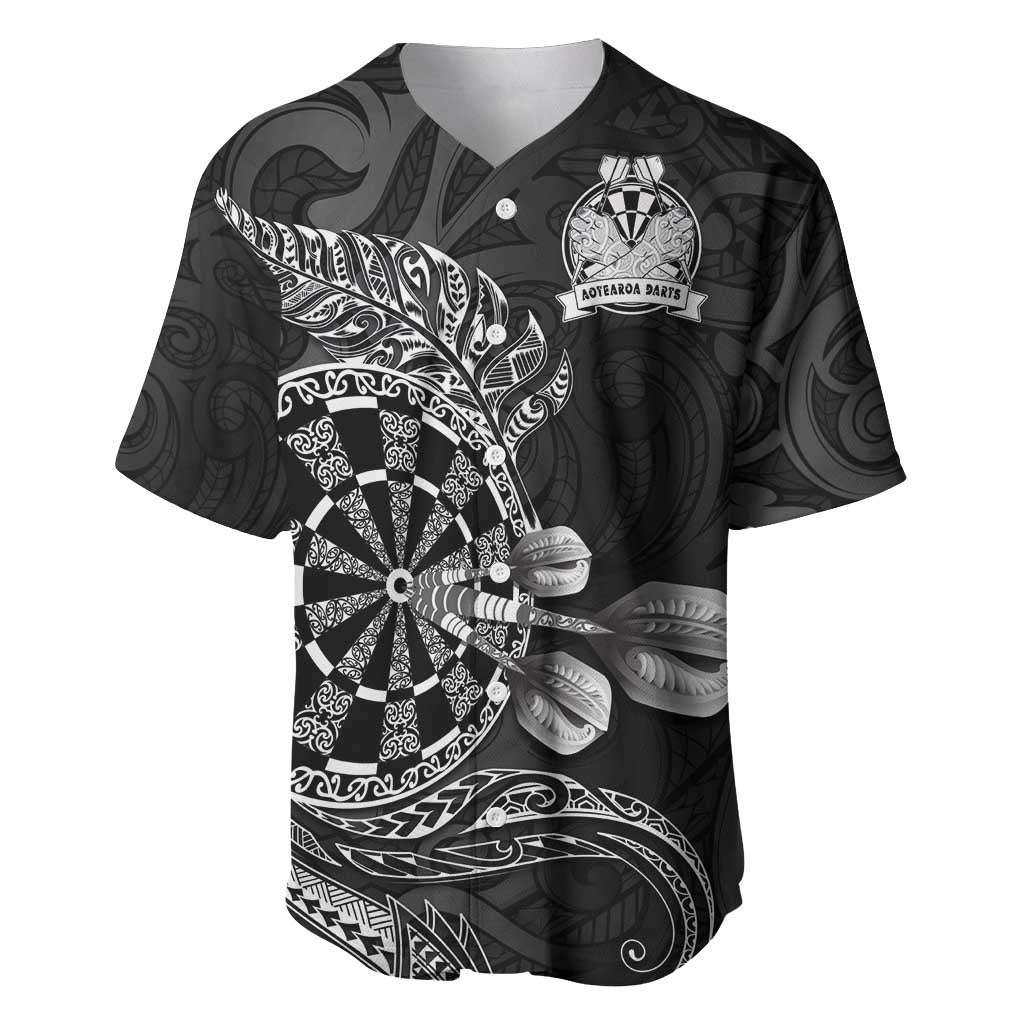 Personalised New Zealand Aotearoa Darts Masters Baseball Jersey Tribal Silver Fern and Ta Moko Dartboard - Polynesian Pride