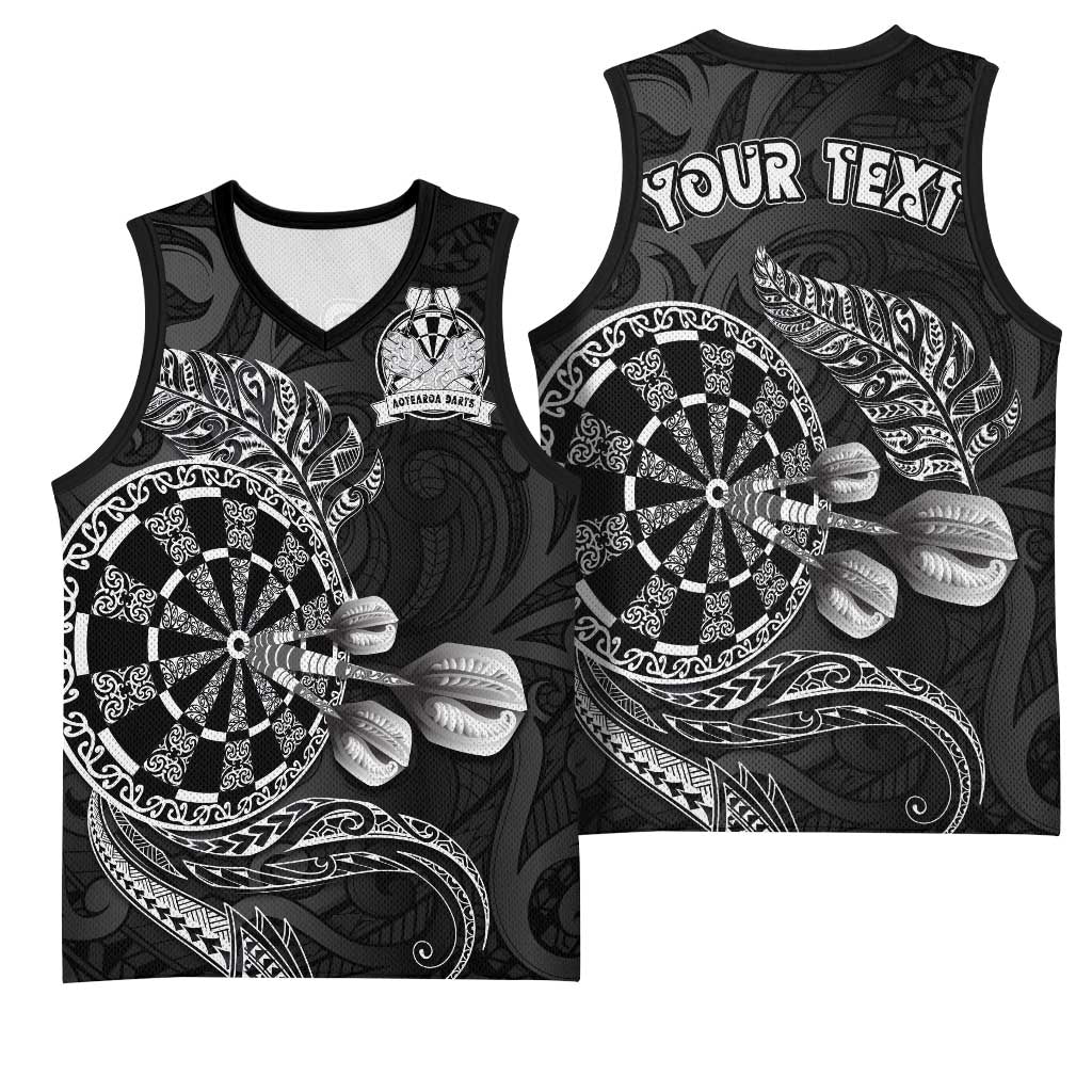 Personalised New Zealand Aotearoa Darts Masters Basketball Jersey Tribal Silver Fern and Ta Moko Dartboard - Polynesian Pride