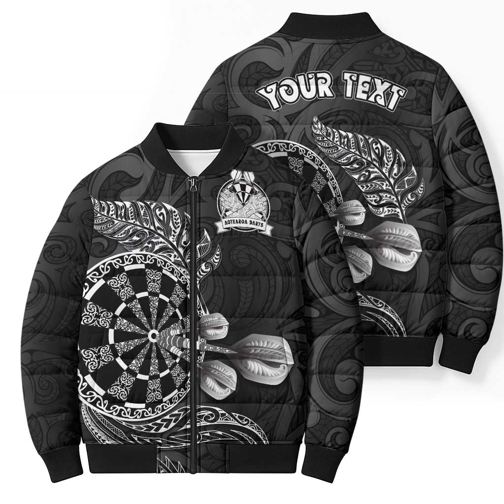 Personalised New Zealand Aotearoa Darts Masters Bomber Puffer Jacket Tribal Silver Fern and Ta Moko Dartboard - Polynesian Pride