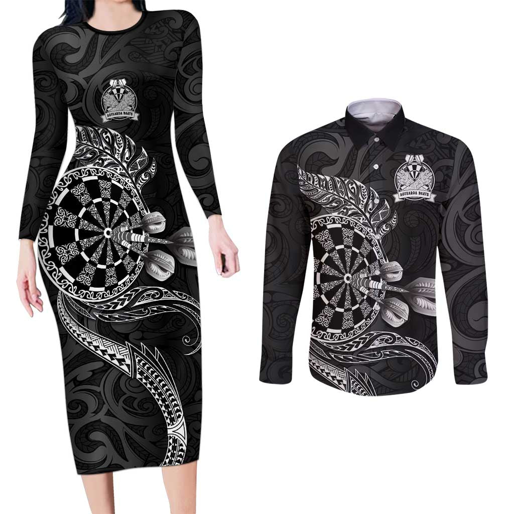 Personalised New Zealand Aotearoa Darts Masters Couples Matching Long Sleeve Bodycon Dress and Long Sleeve Button Shirt Tribal Silver Fern and Ta Moko Dartboard - Polynesian Pride