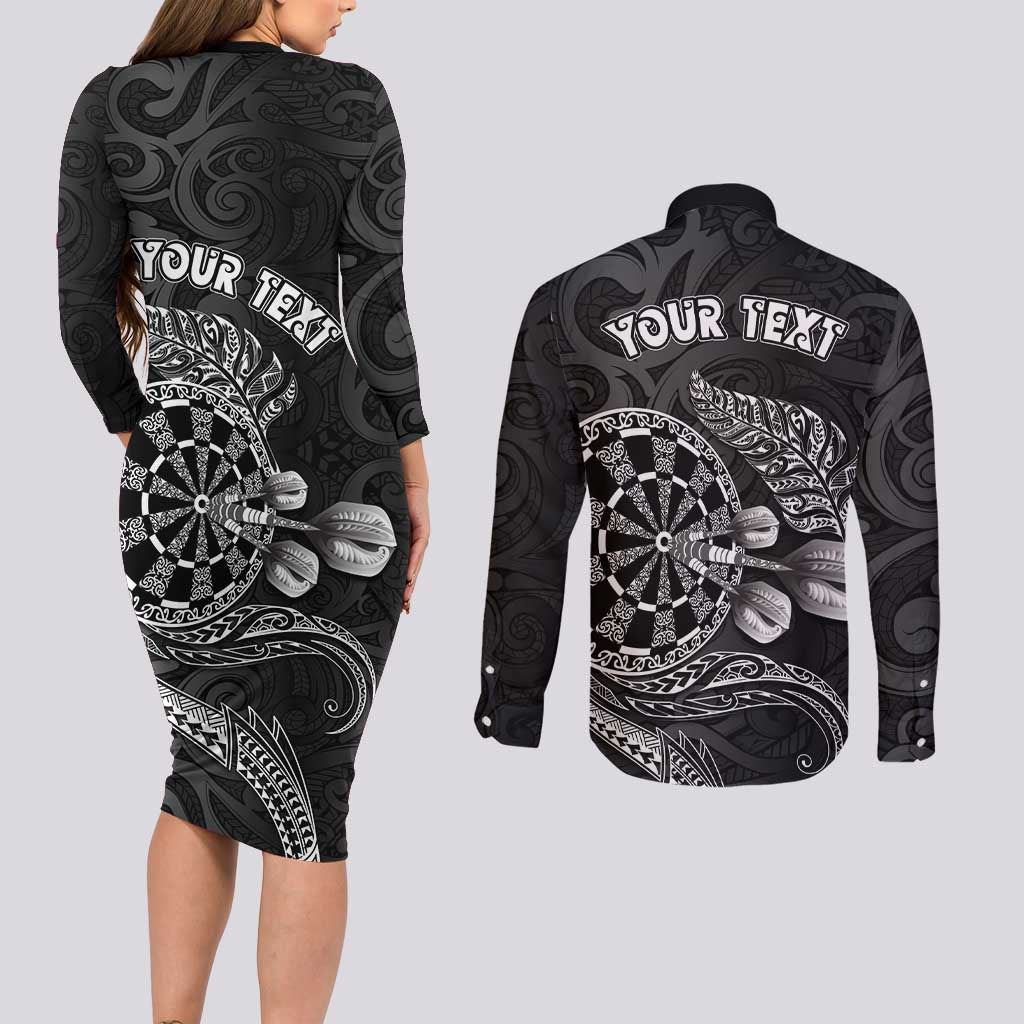 Personalised New Zealand Aotearoa Darts Masters Couples Matching Long Sleeve Bodycon Dress and Long Sleeve Button Shirt Tribal Silver Fern and Ta Moko Dartboard - Polynesian Pride