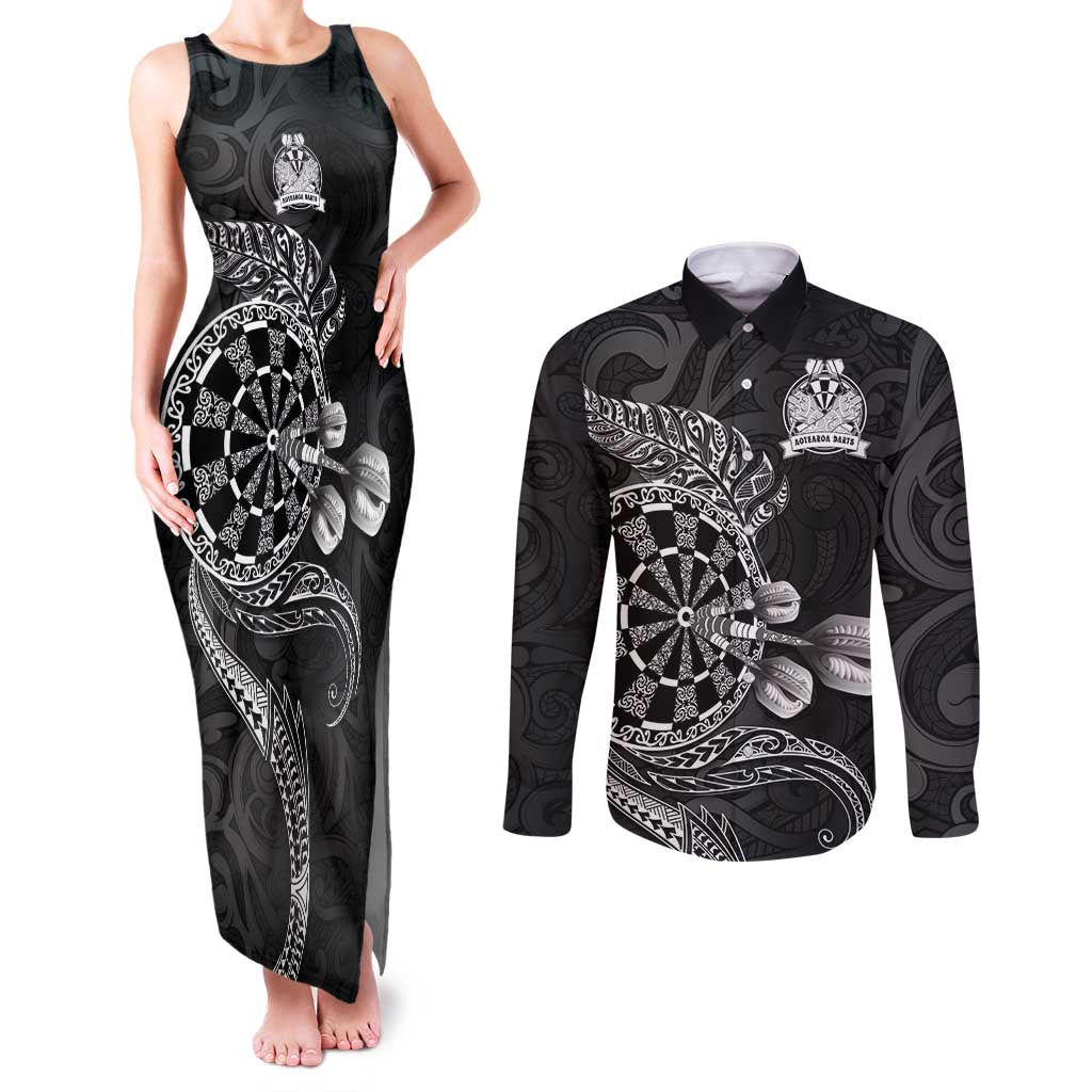Personalised New Zealand Aotearoa Darts Masters Couples Matching Tank Maxi Dress and Long Sleeve Button Shirt Tribal Silver Fern and Ta Moko Dartboard - Polynesian Pride