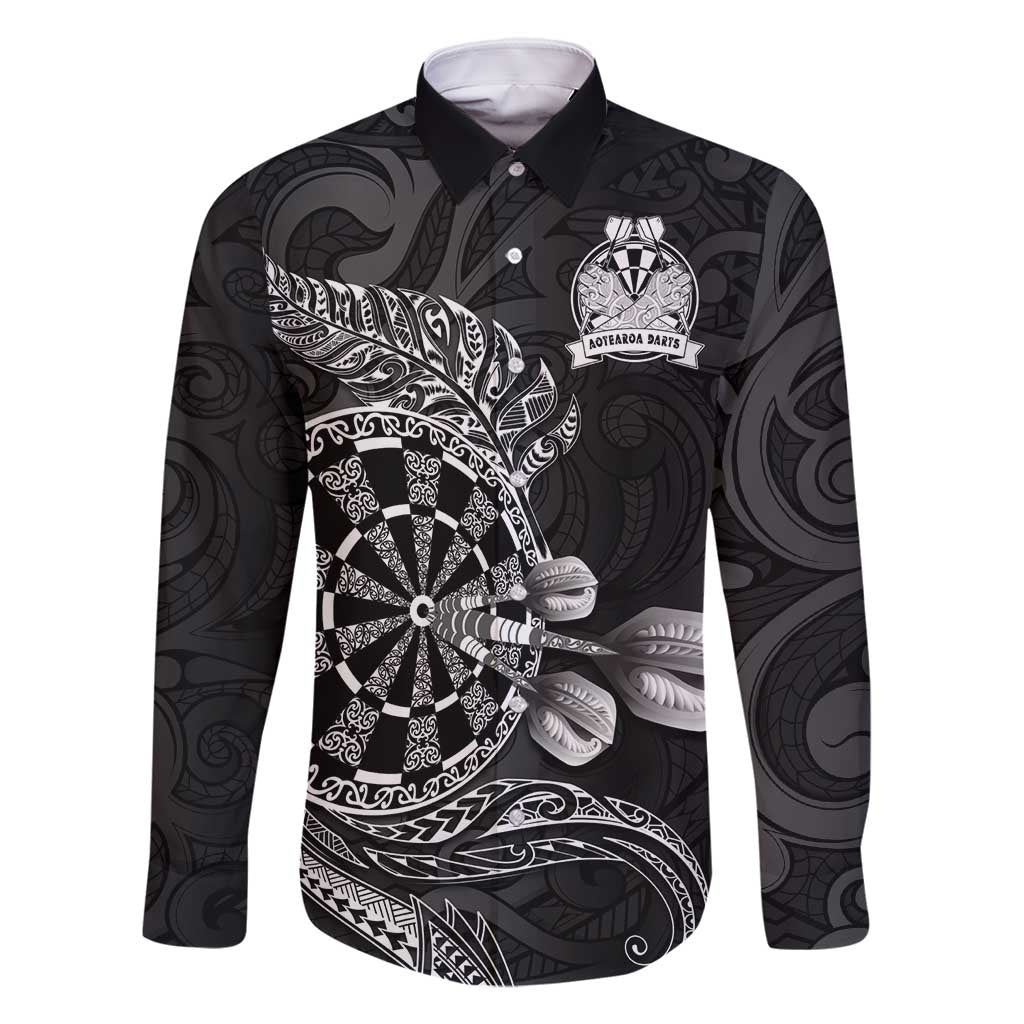 Personalised New Zealand Aotearoa Darts Masters Family Matching Long Sleeve Bodycon Dress and Hawaiian Shirt Tribal Silver Fern and Ta Moko Dartboard - Polynesian Pride