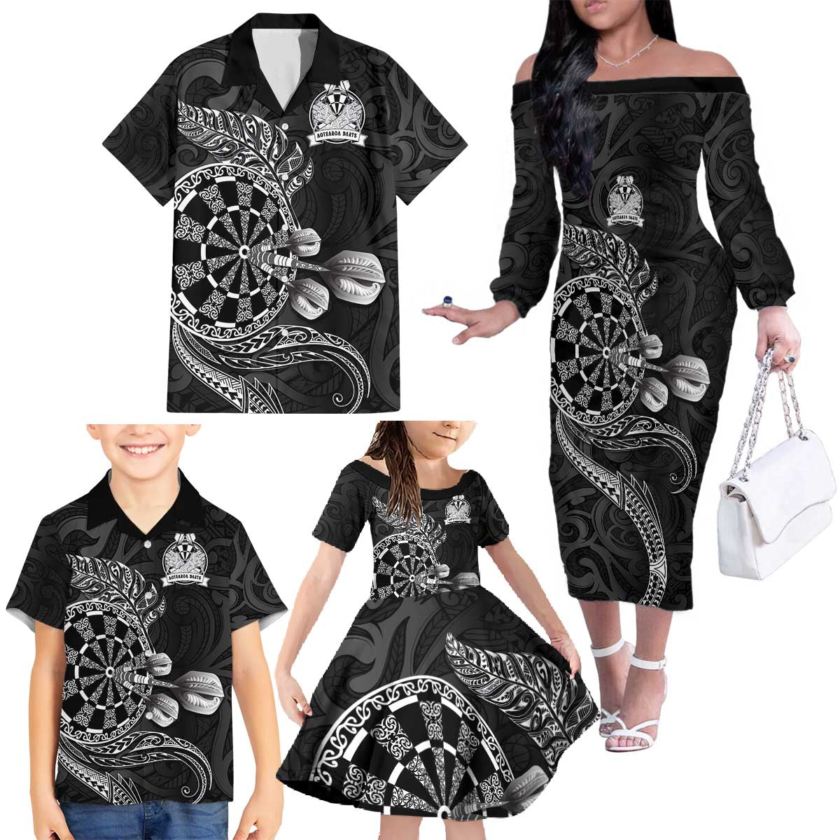 Personalised New Zealand Aotearoa Darts Masters Family Matching Off The Shoulder Long Sleeve Dress and Hawaiian Shirt Tribal Silver Fern and Ta Moko Dartboard - Polynesian Pride