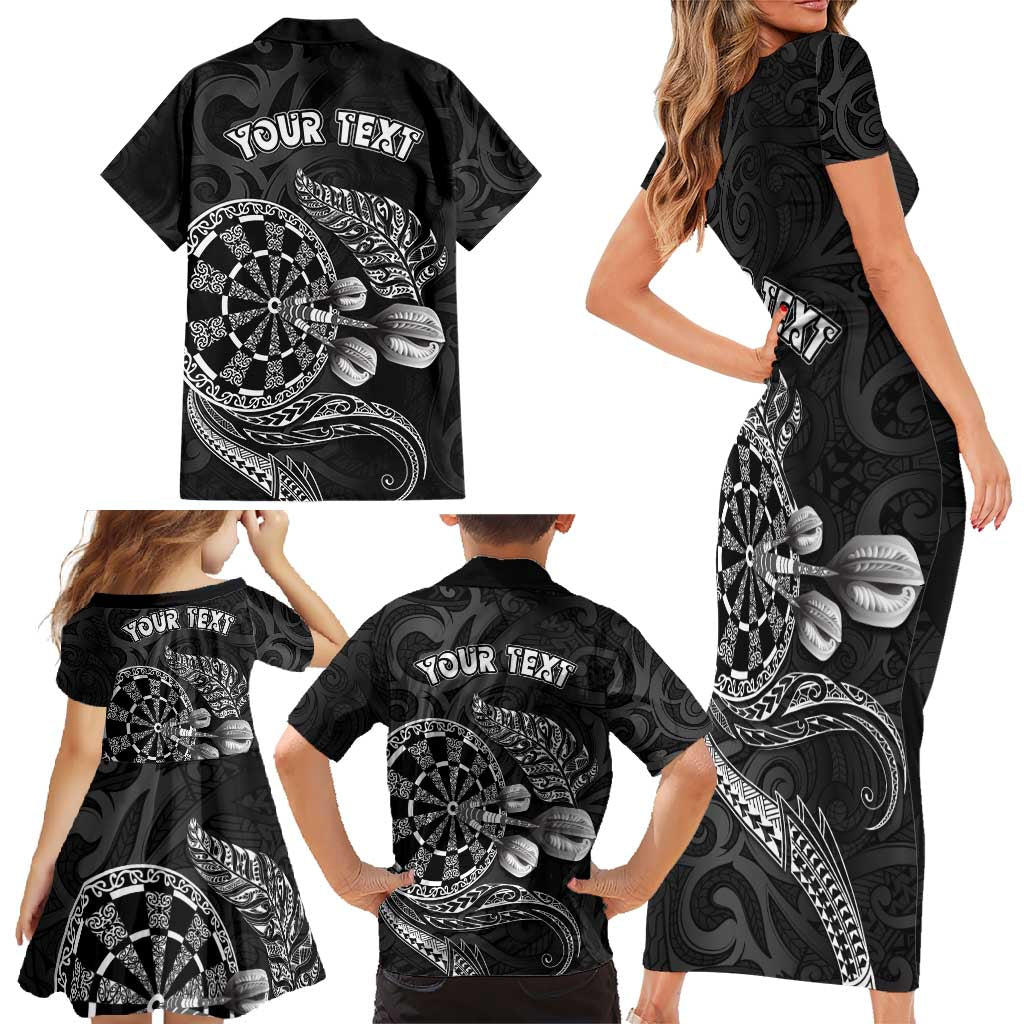 Personalised New Zealand Aotearoa Darts Masters Family Matching Short Sleeve Bodycon Dress and Hawaiian Shirt Tribal Silver Fern and Ta Moko Dartboard - Polynesian Pride