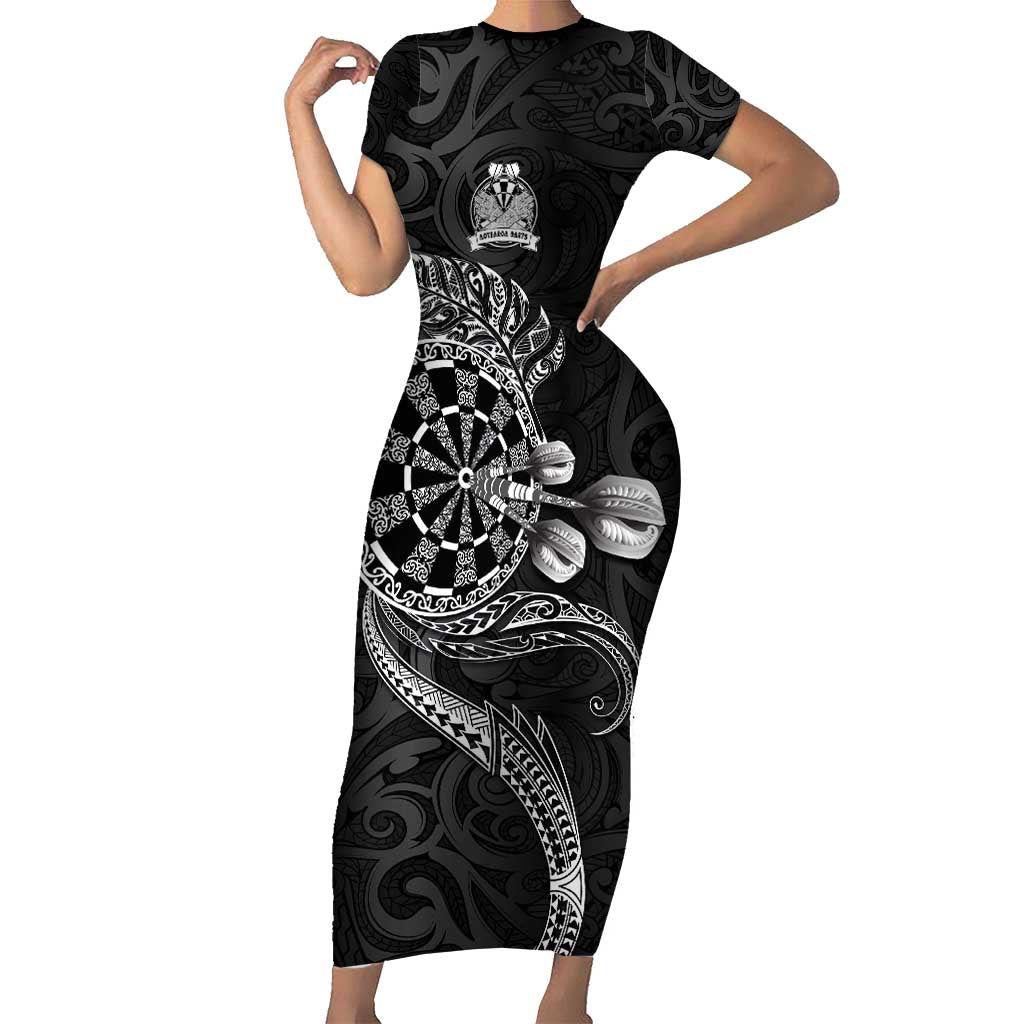 Personalised New Zealand Aotearoa Darts Masters Family Matching Short Sleeve Bodycon Dress and Hawaiian Shirt Tribal Silver Fern and Ta Moko Dartboard - Polynesian Pride