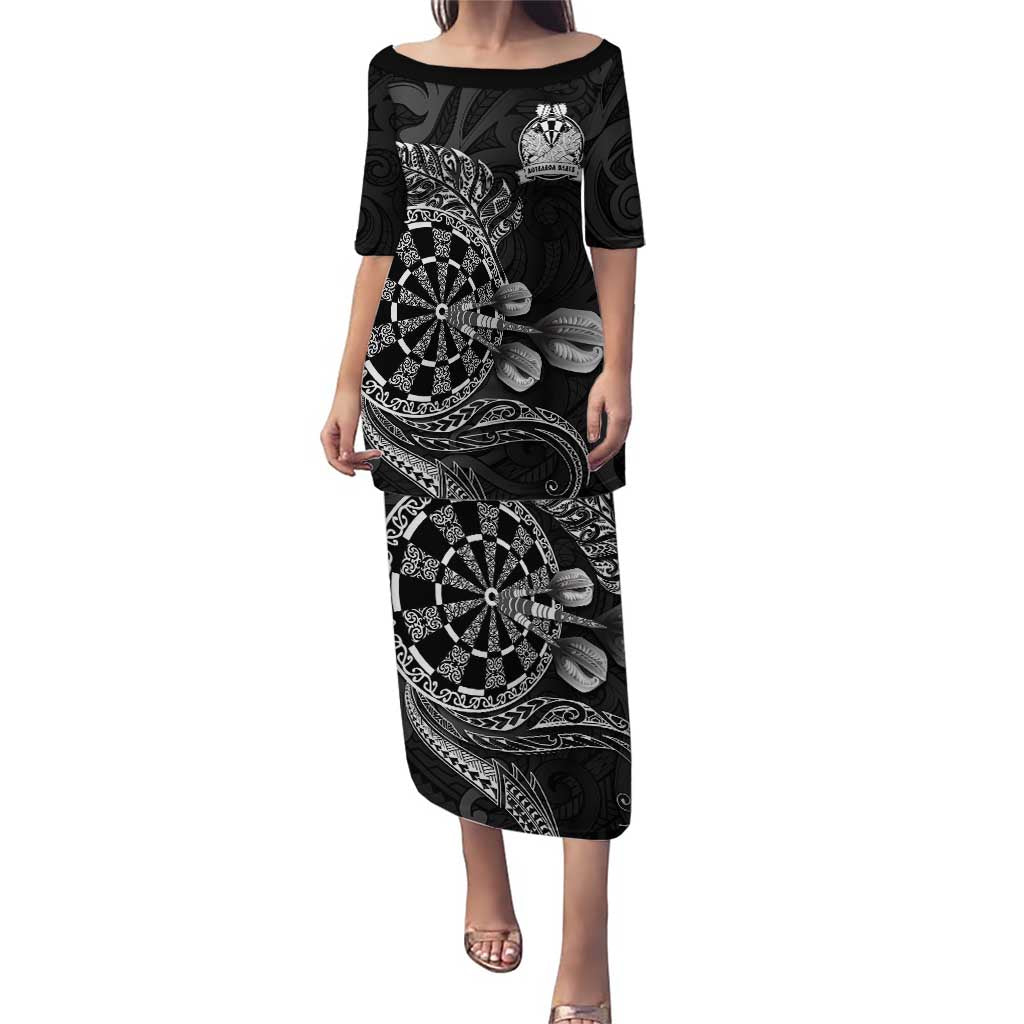 Personalised New Zealand Aotearoa Darts Masters Puletasi Tribal Silver Fern and Ta Moko Dartboard LT03 Long Dress Black - Polynesian Pride
