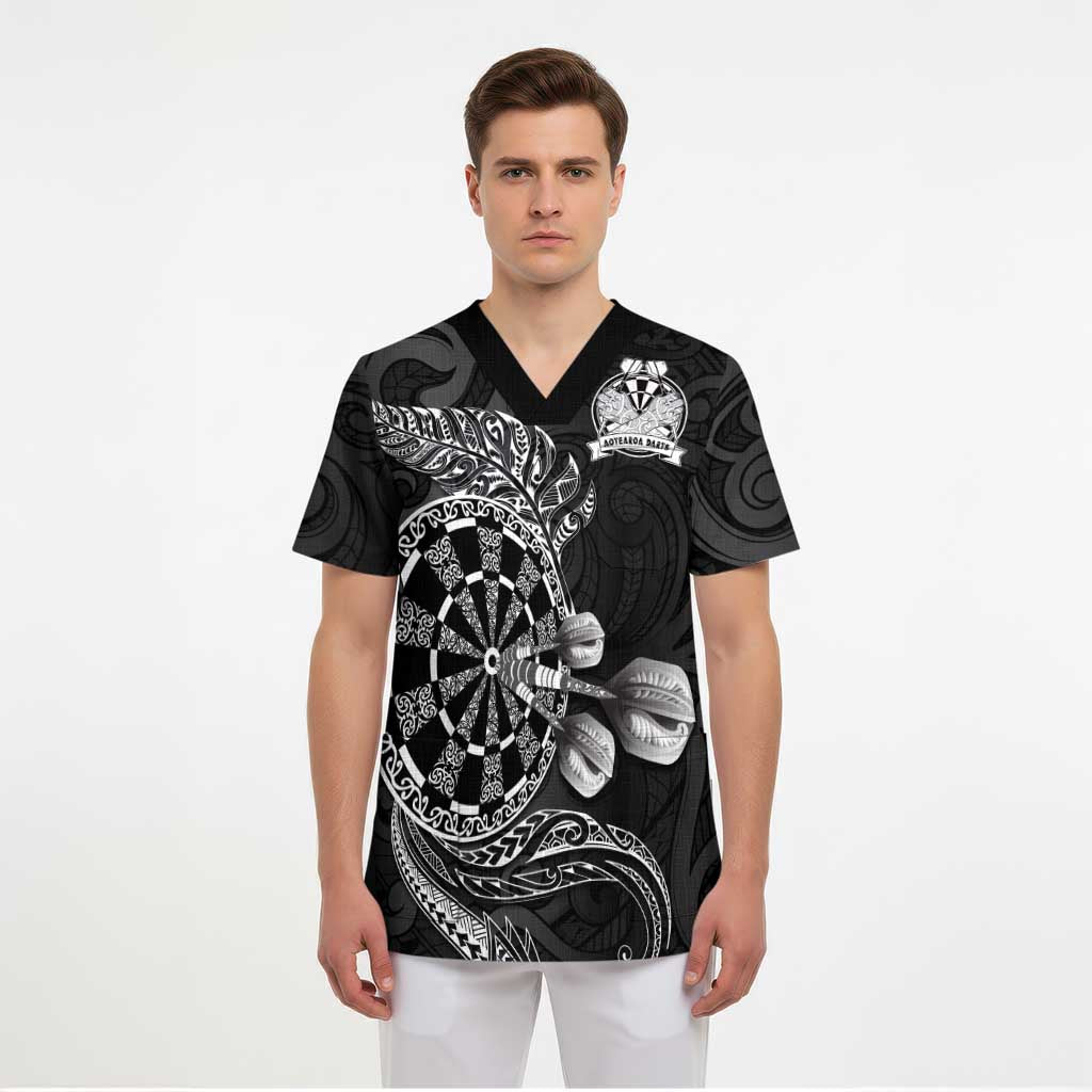 Personalised New Zealand Aotearoa Darts Masters Scrub Top Tribal Silver Fern and Ta Moko Dartboard - Polynesian Pride