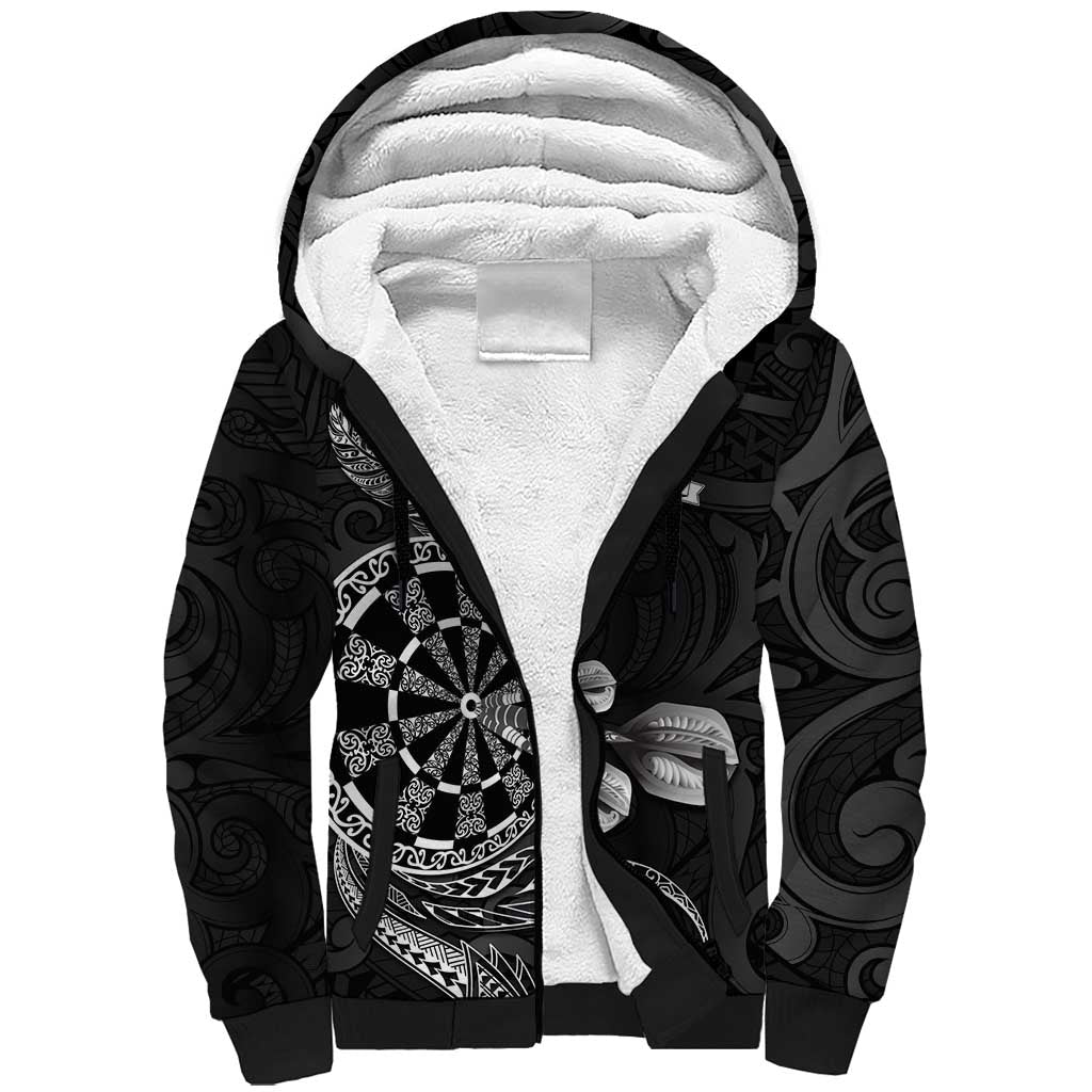 Personalised New Zealand Aotearoa Darts Masters Sherpa Hoodie Tribal Silver Fern and Ta Moko Dartboard LT03 Unisex Black - Polynesian Pride