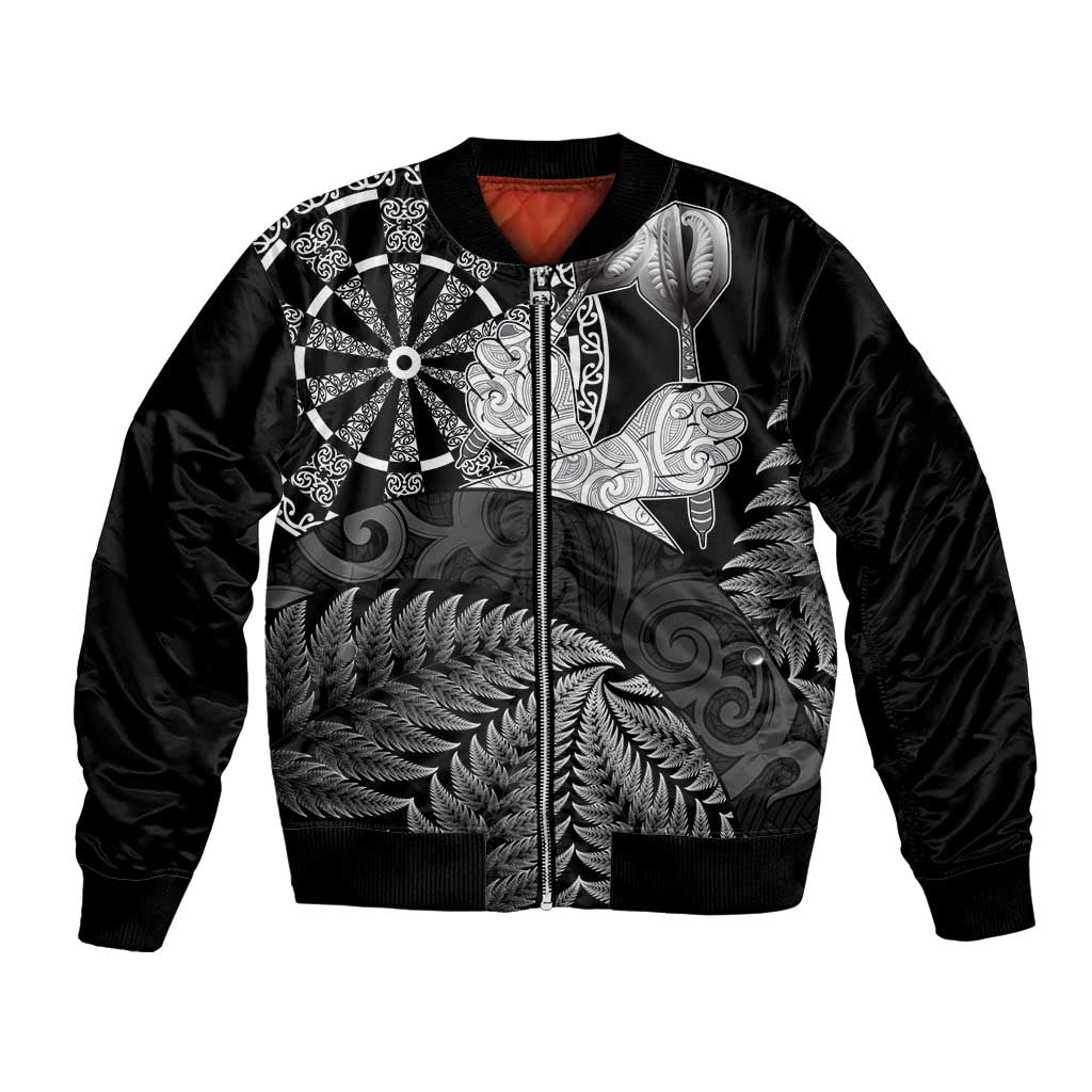Personalised New Zealand Aotearoa Darts Masters Bomber Jacket Silver Fern and Maori Spirit LT03 Unisex Black - Polynesian Pride
