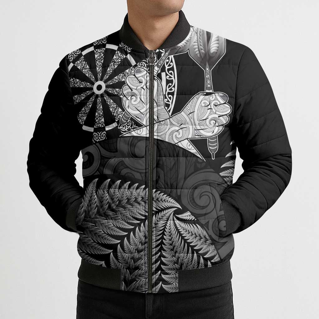 Personalised New Zealand Aotearoa Darts Masters Bomber Puffer Jacket Silver Fern and Maori Spirit - Polynesian Pride