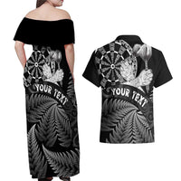Personalised New Zealand Aotearoa Darts Masters Couples Matching Off Shoulder Maxi Dress and Hawaiian Shirt Silver Fern and Maori Spirit - Polynesian Pride