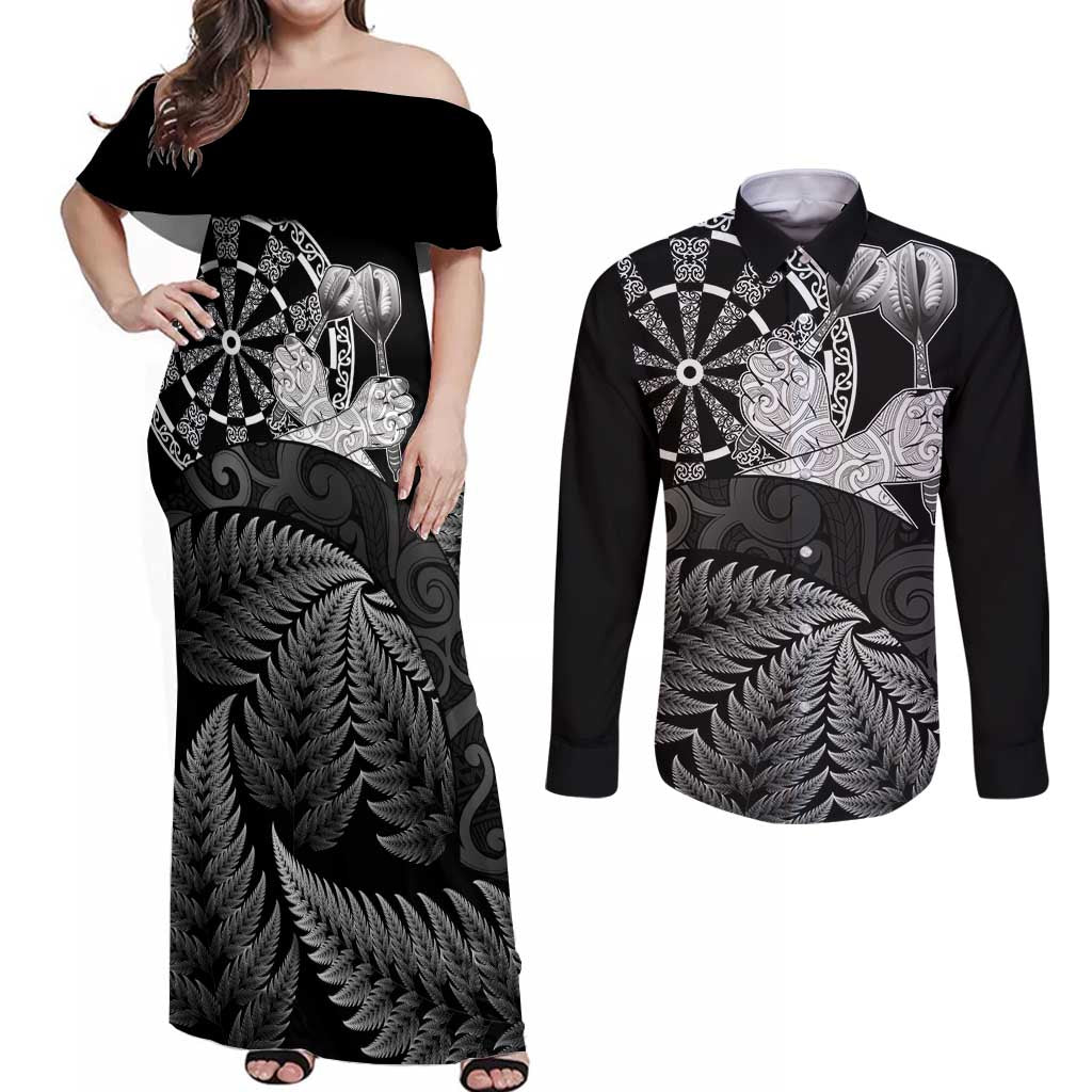 Personalised New Zealand Aotearoa Darts Masters Couples Matching Off Shoulder Maxi Dress and Long Sleeve Button Shirt Silver Fern and Maori Spirit - Polynesian Pride
