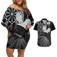 Personalised New Zealand Aotearoa Darts Masters Couples Matching Off Shoulder Short Dress and Hawaiian Shirt Silver Fern and Maori Spirit - Polynesian Pride