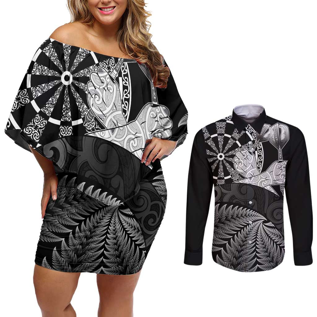 Personalised New Zealand Aotearoa Darts Masters Couples Matching Off Shoulder Short Dress and Long Sleeve Button Shirt Silver Fern and Maori Spirit - Polynesian Pride