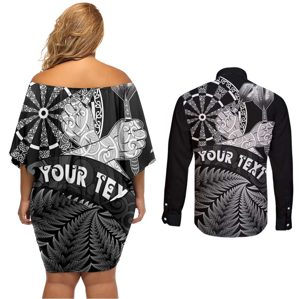 Personalised New Zealand Aotearoa Darts Masters Couples Matching Off Shoulder Short Dress and Long Sleeve Button Shirt Silver Fern and Maori Spirit - Polynesian Pride