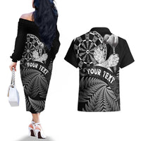 Personalised New Zealand Aotearoa Darts Masters Couples Matching Off The Shoulder Long Sleeve Dress and Hawaiian Shirt Silver Fern and Maori Spirit - Polynesian Pride