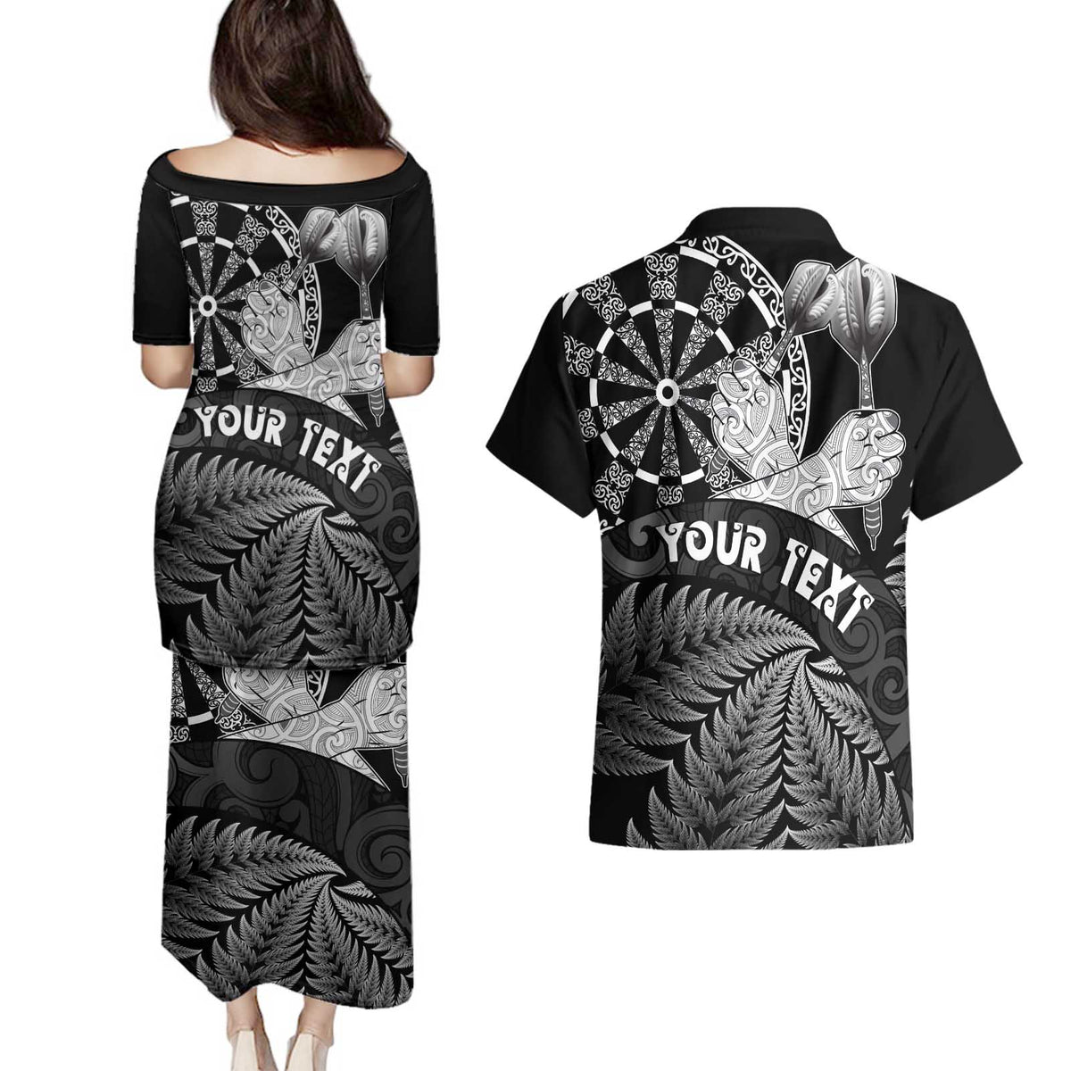 Personalised New Zealand Aotearoa Darts Masters Couples Matching Puletasi and Hawaiian Shirt Silver Fern and Maori Spirit - Polynesian Pride