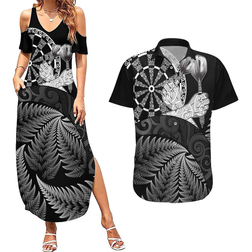 Personalised New Zealand Aotearoa Darts Masters Couples Matching Summer Maxi Dress and Hawaiian Shirt Silver Fern and Maori Spirit - Polynesian Pride