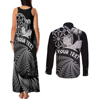 Personalised New Zealand Aotearoa Darts Masters Couples Matching Tank Maxi Dress and Long Sleeve Button Shirt Silver Fern and Maori Spirit - Polynesian Pride