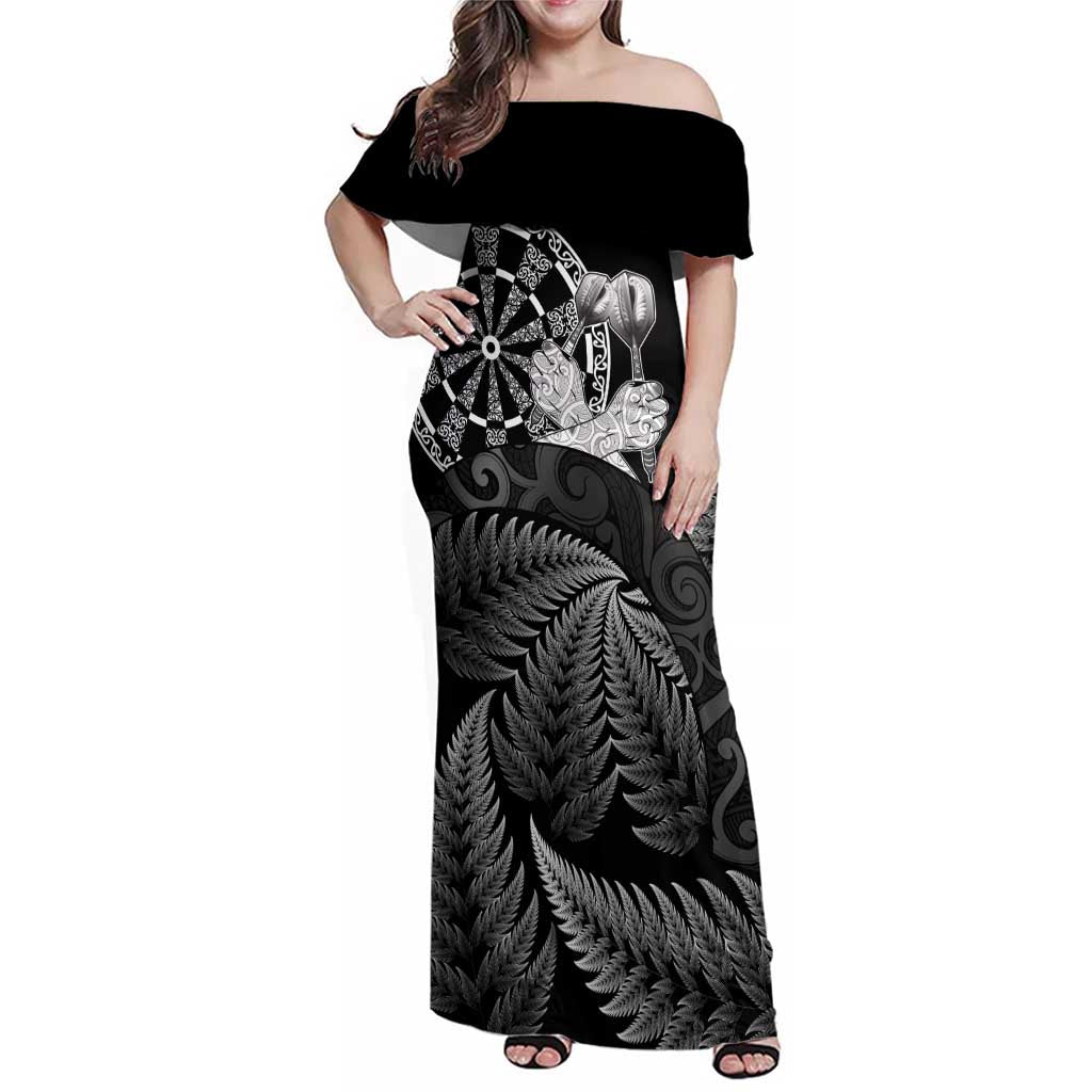 Personalised New Zealand Aotearoa Darts Masters Family Matching Off Shoulder Maxi Dress and Hawaiian Shirt Silver Fern and Maori Spirit - Polynesian Pride